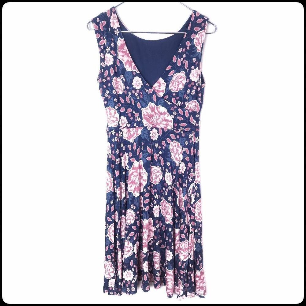 ANN TAYLOR LOFT Blue Pink Floral V Neck Wrap Sleeveless Fit Flare Midi Dress Sm